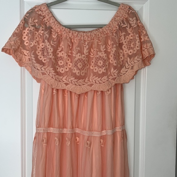 Peach prairie dress vintage lace style off the shoulder floral design small med - Picture 6 of 15